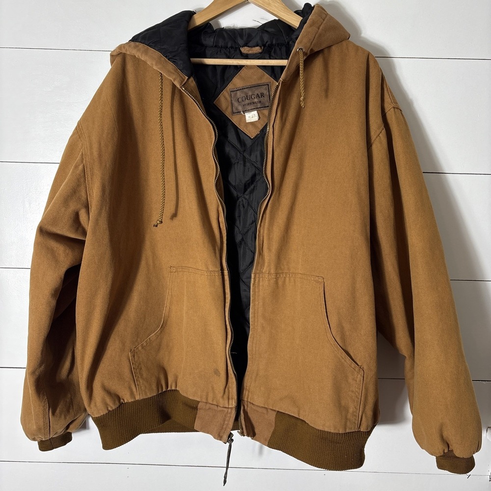 Cougar Workwear Brown Duck Canvas Quilted Hooded Jacket Mens 2X Broken Zipper